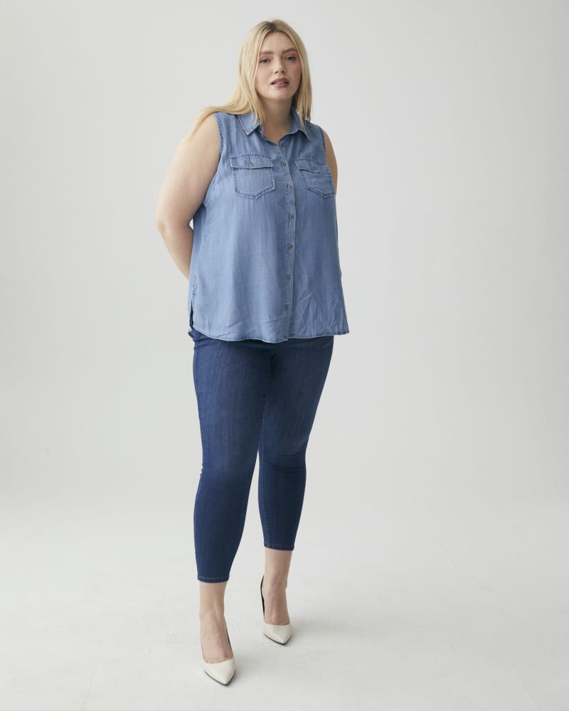 Front of a model wearing a size 16 Leroy Skinny Ankle Jean in Medium Wash by Molly & Isadora. | dia_product_style_image_id:266498